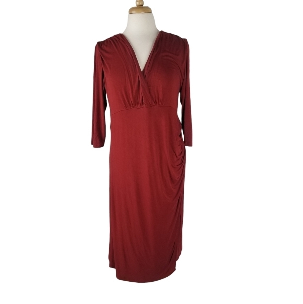 Peruvian Connection V Neck Surplice Ruching Detail Shift Dress Rust Orange L